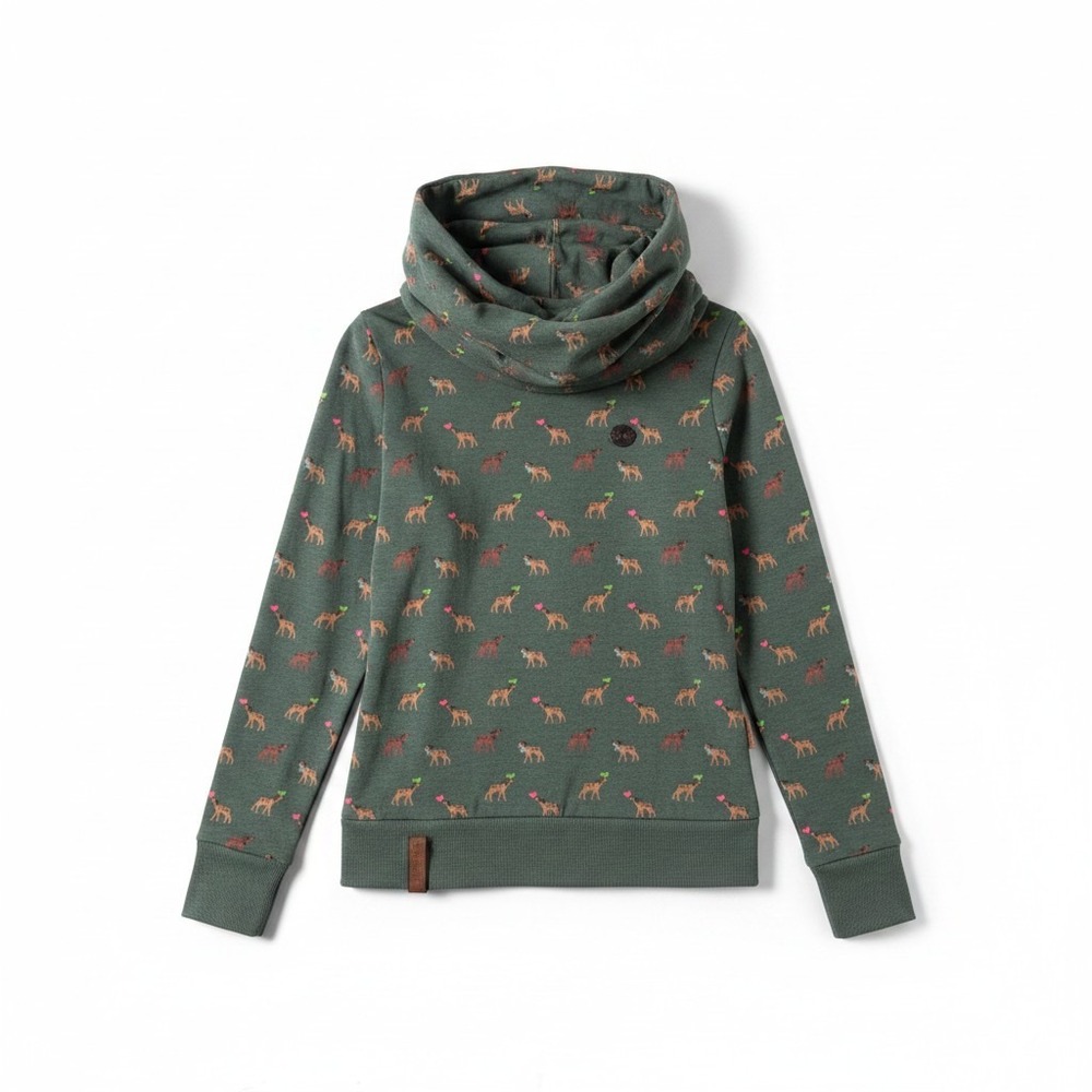 Naketano Darth Deer Print Cowl Neck Pullover S PIne Green Whimsical Bambi